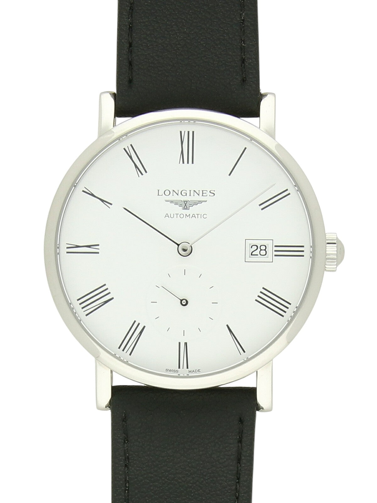 Longines Elegant Collection with black strap and white dial on a white background.