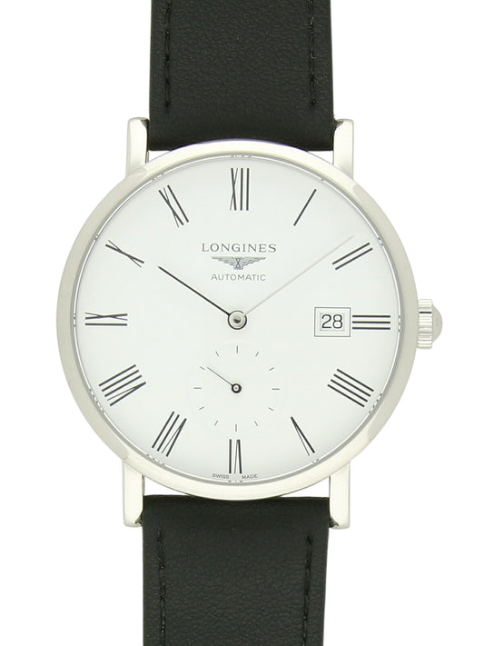 Longines Elegant Collection with black strap and white dial on a white background.