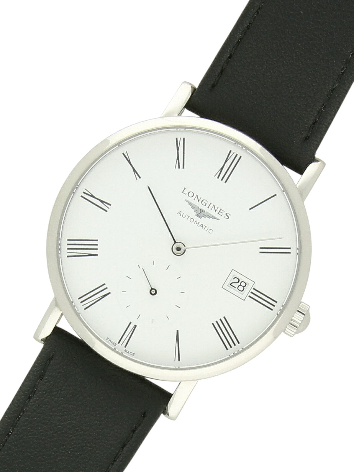 Longines Elegant Collection with black strap and white dial on a white background.
