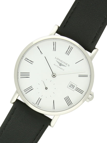 Longines Elegant Collection with black strap and white dial on a white background.