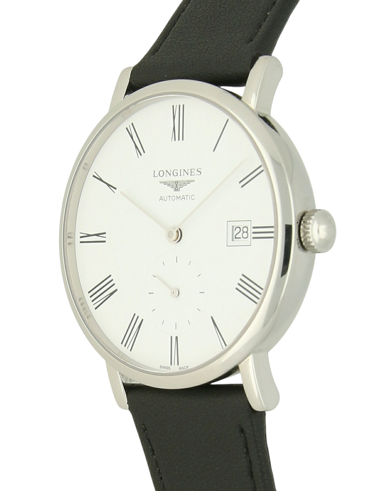 Longines Elegant Collection with black strap and white dial on a white background.