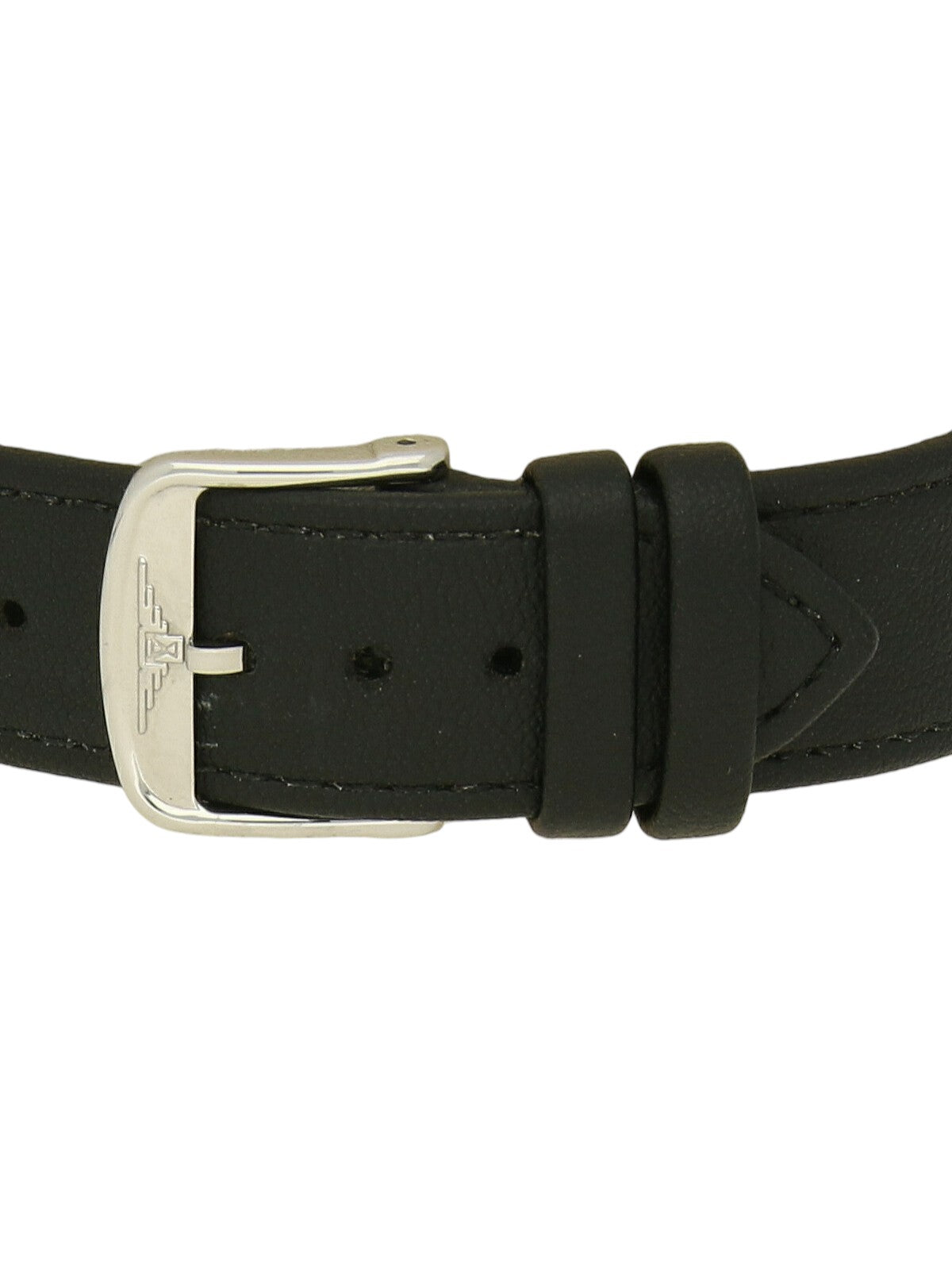 Longines Elegant Collection with black strap and white dial on a white background.