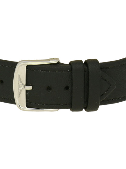 Longines Elegant Collection with black strap and white dial on a white background.