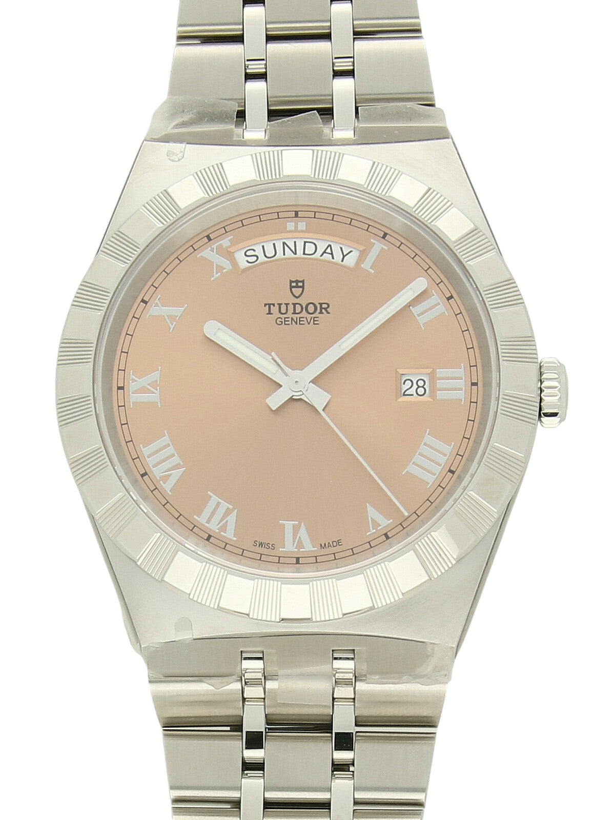 Tudor Royal watch with a steel bracelet and pink dial on a white background.