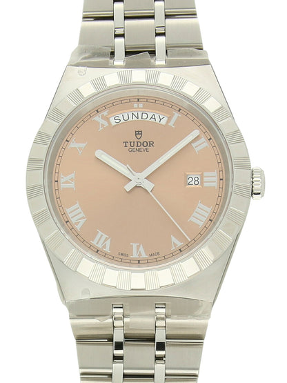 Tudor Royal watch with a steel bracelet and pink dial on a white background.