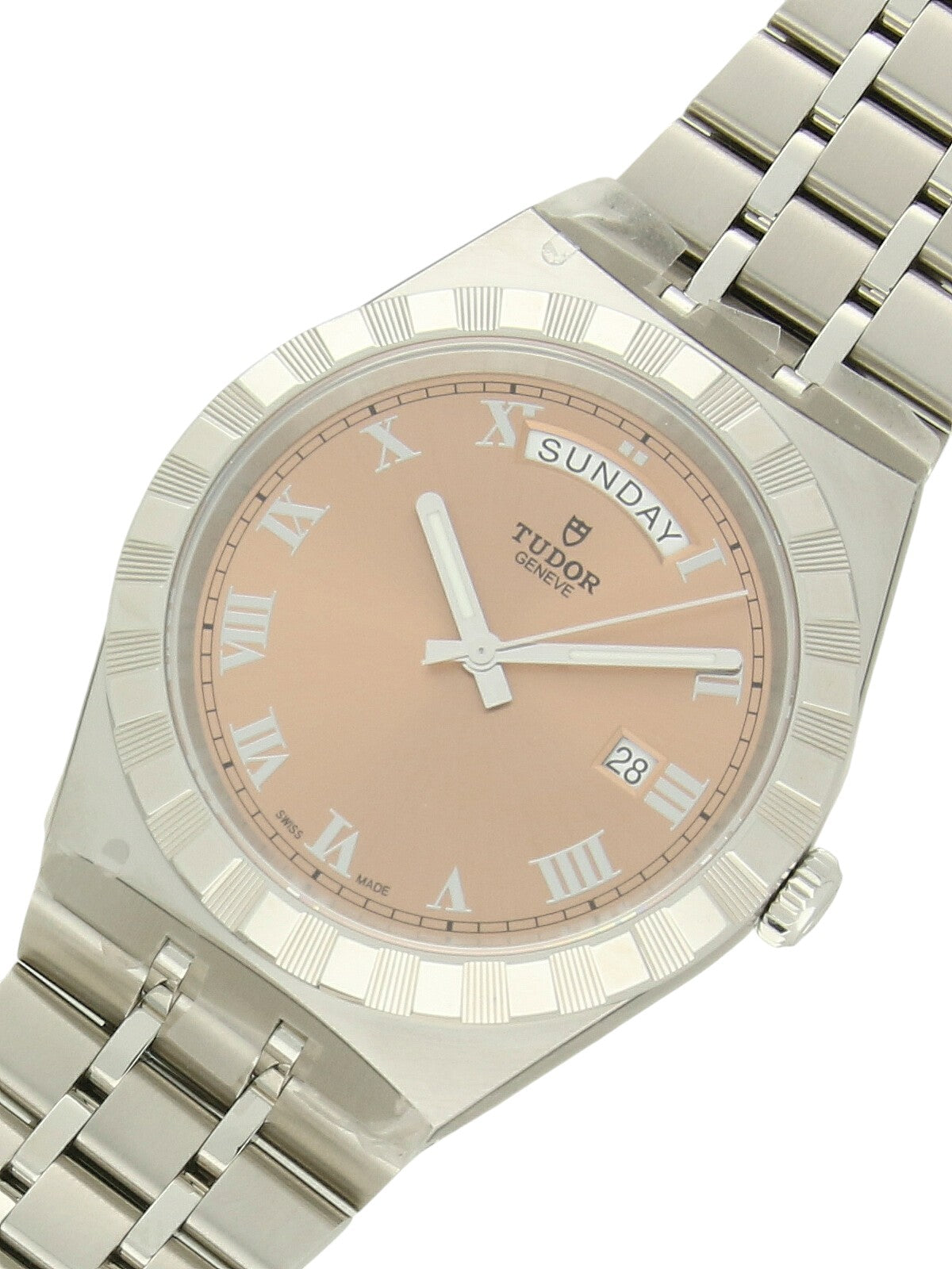 Tudor Royal watch with a steel bracelet and pink dial on a white background.