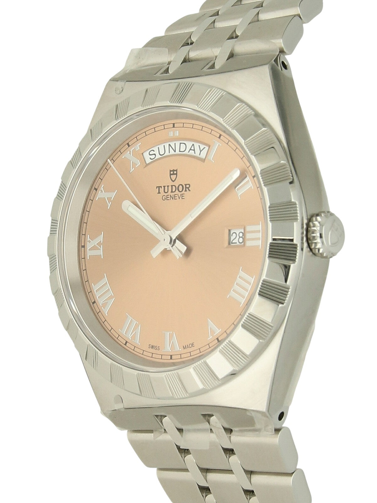 Tudor Royal watch with a steel bracelet and pink dial on a white background.