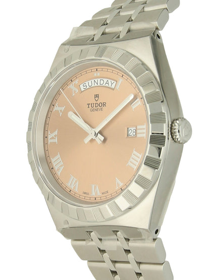 Tudor Royal watch with a steel bracelet and pink dial on a white background.