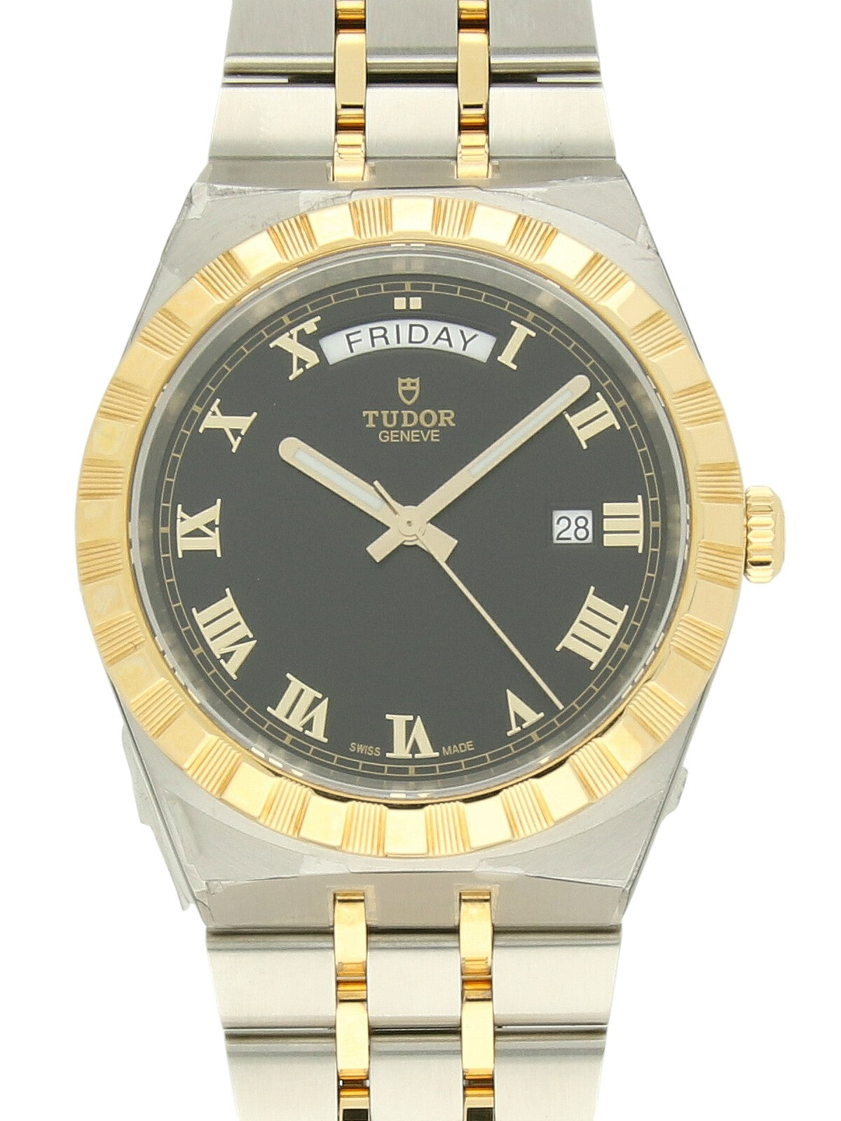 TUDOR Royal watch with steel and yellow-gold bracelet and black dial on a white background.