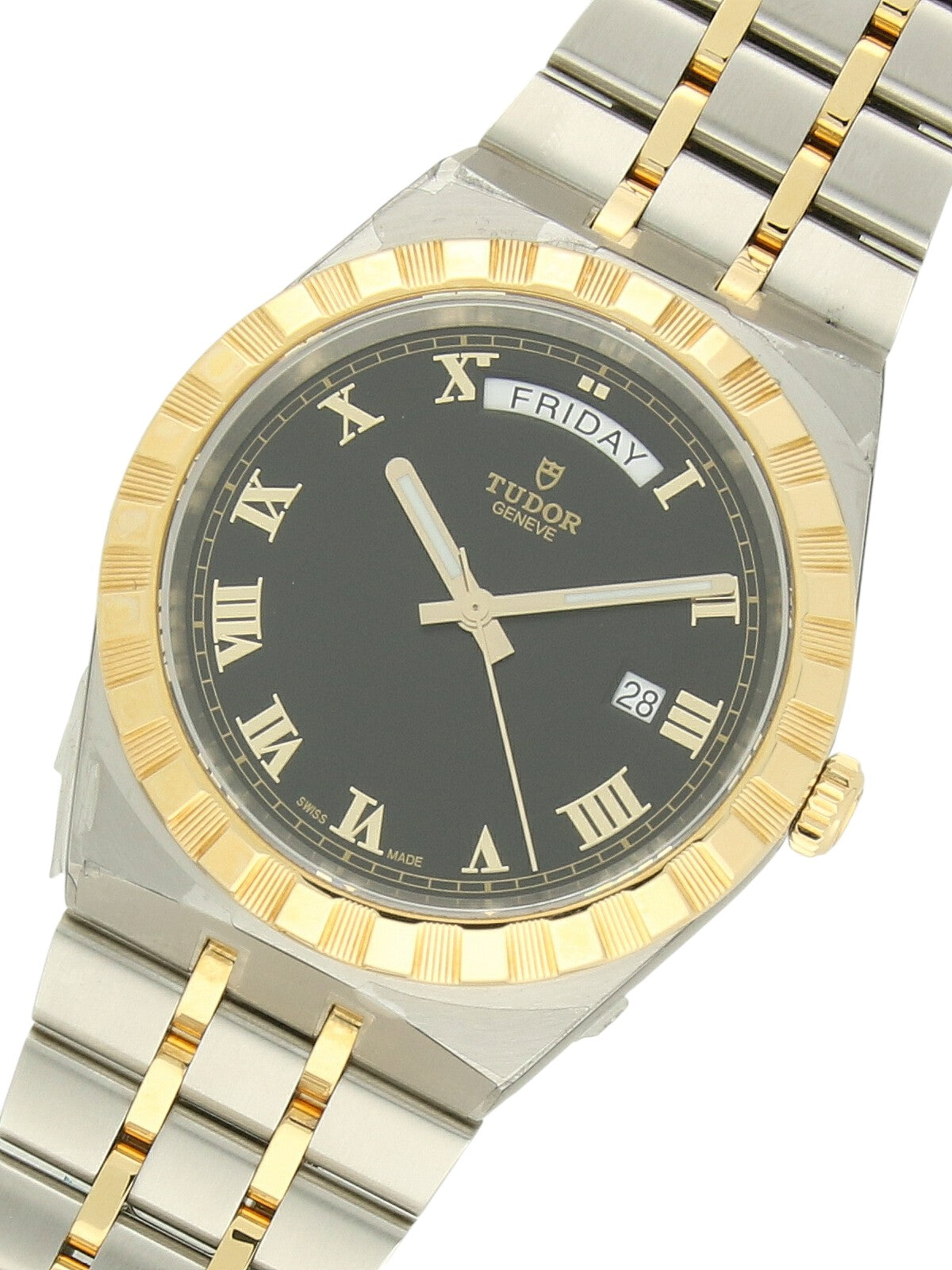TUDOR Royal watch with steel and yellow-gold bracelet and black dial on a white background.