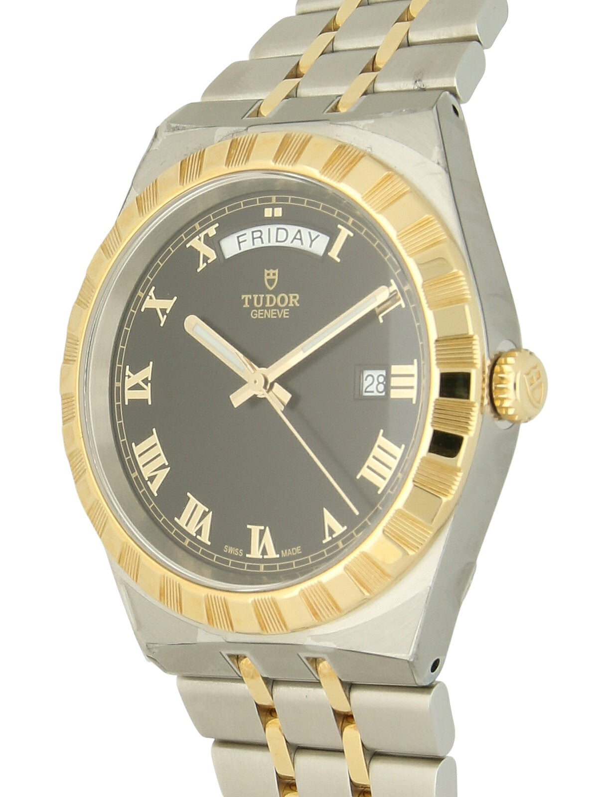 TUDOR Royal watch with steel and yellow-gold bracelet and black dial on a white background.