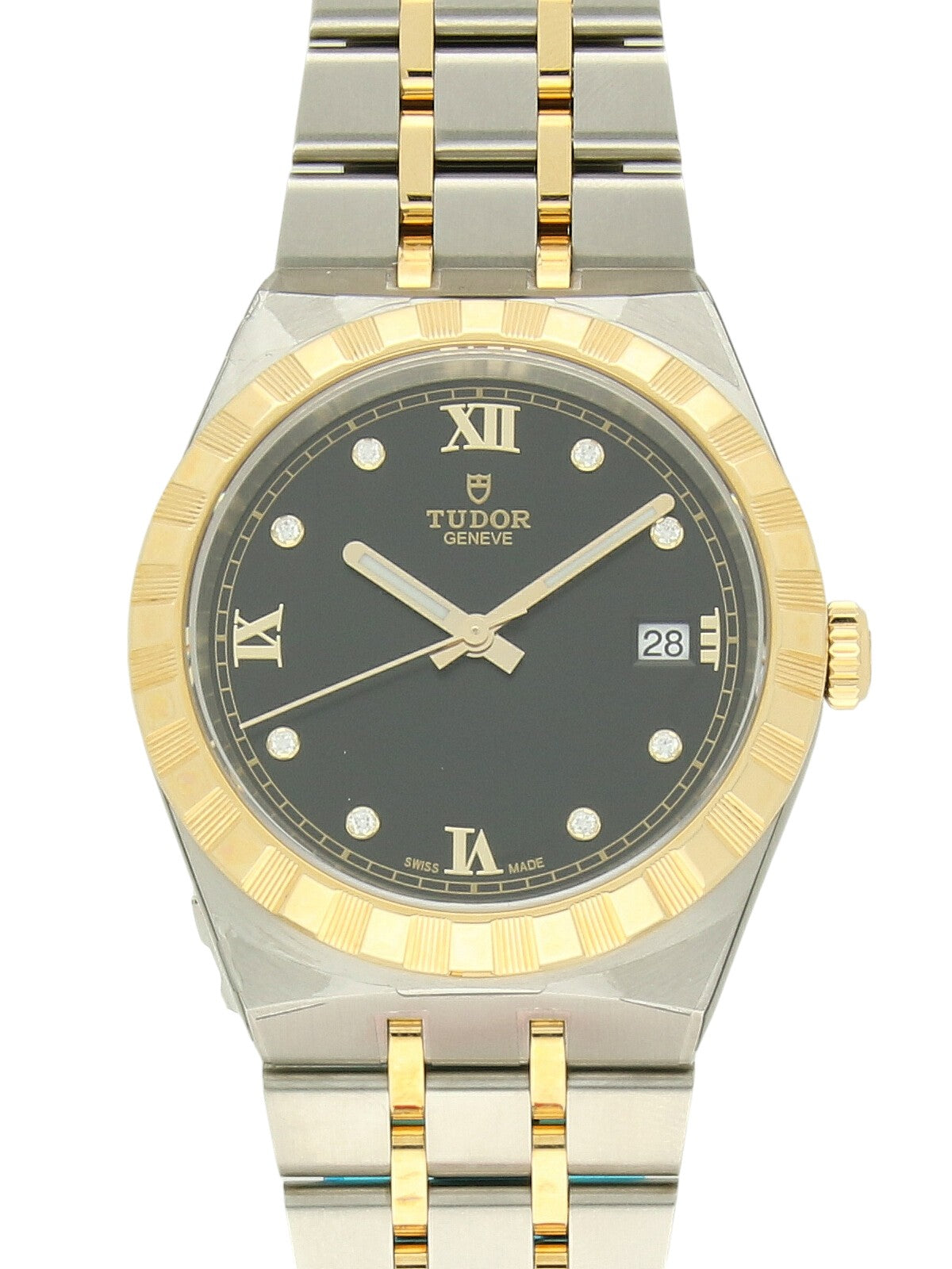 TUDOR Royal watch with steel and yellow-gold bracelet and black dial on a white background.