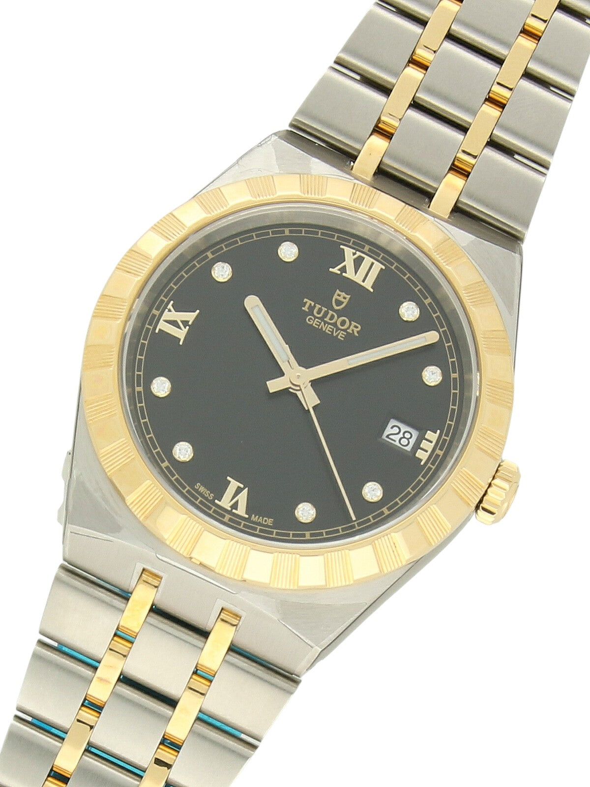 TUDOR Royal watch with steel and yellow-gold bracelet and black dial on a white background.