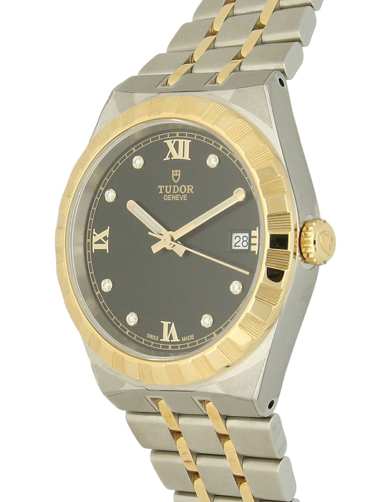 TUDOR Royal watch with steel and yellow-gold bracelet and black dial on a white background.