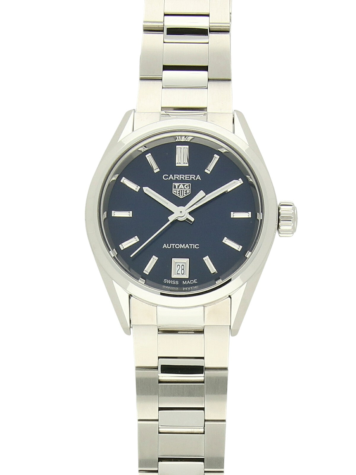 Second Hand TAG Heuer Carrera watch with a 29mm steel case, stainless steel bracelet and blue dial with date display at 6 o'clock.