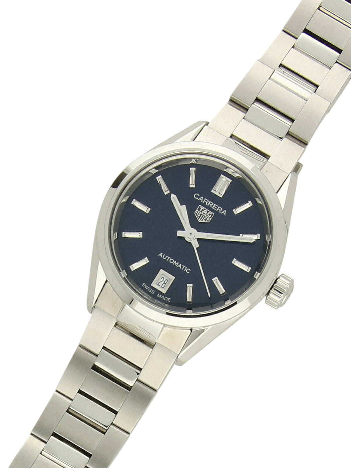 Second Hand TAG Heuer Carrera watch with a 29mm steel case, stainless steel bracelet and blue dial with date display at 6 o'clock.