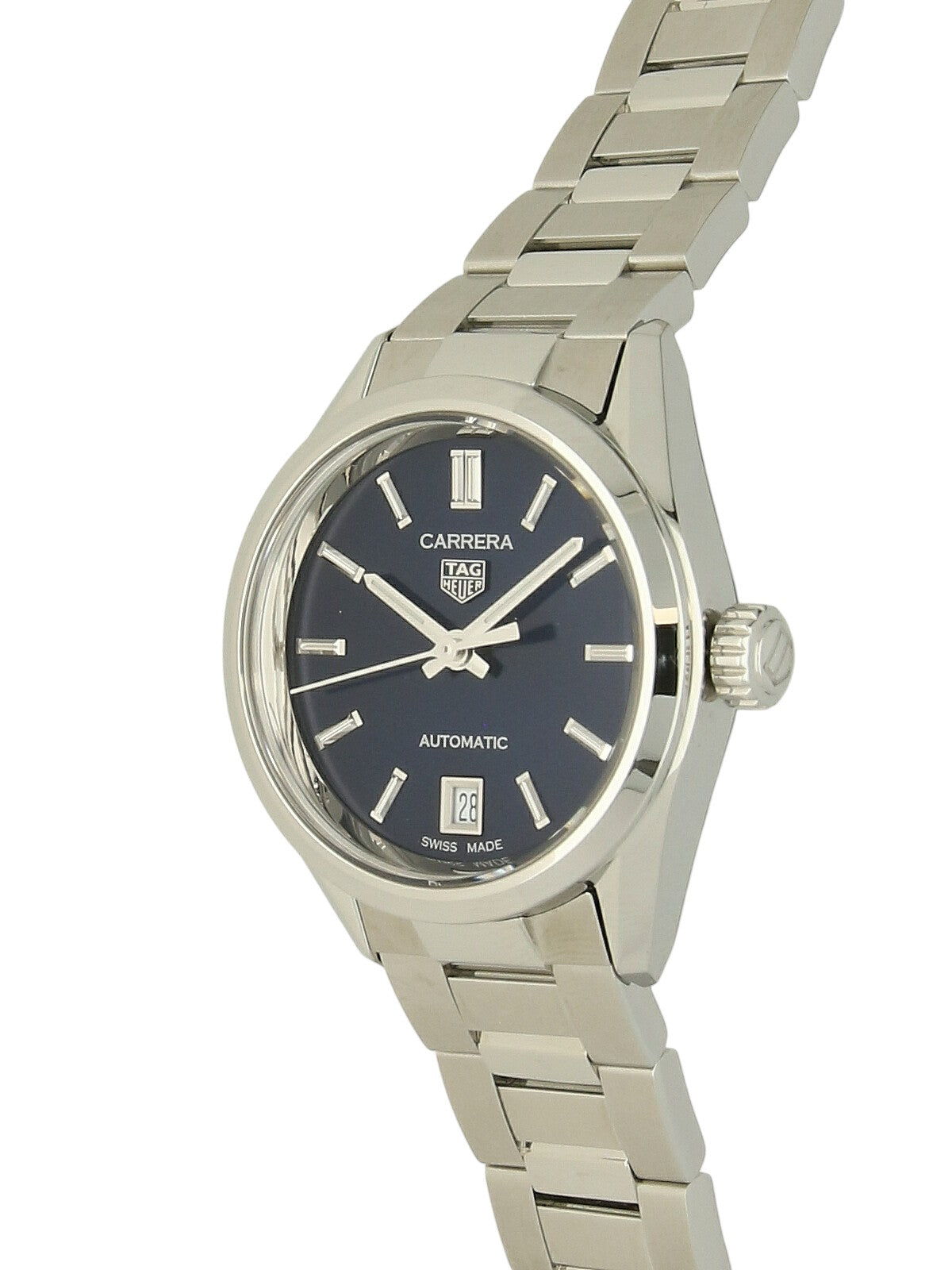 Second Hand TAG Heuer Carrera watch with a 29mm steel case, stainless steel bracelet and blue dial with date display at 6 o'clock.