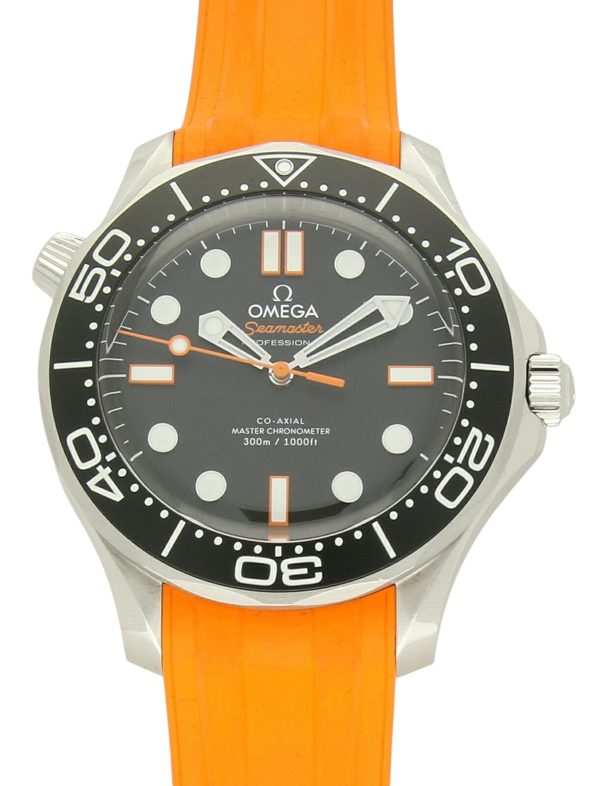 Omega Seamaster with orange rubber strap, black dial, and black bezel on a white background.
