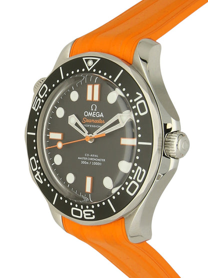 Omega Seamaster with orange rubber strap, black dial, and black bezel on a white background.