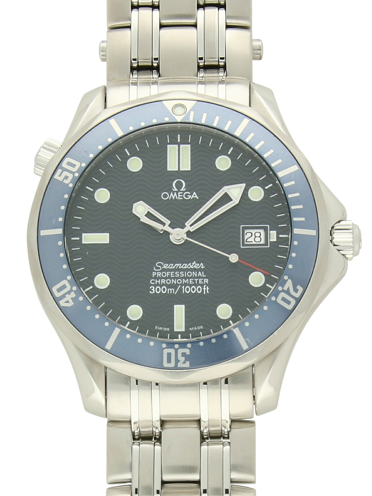Omega Seamaster Professional watch with steel bracelet and blue dial on a white background.