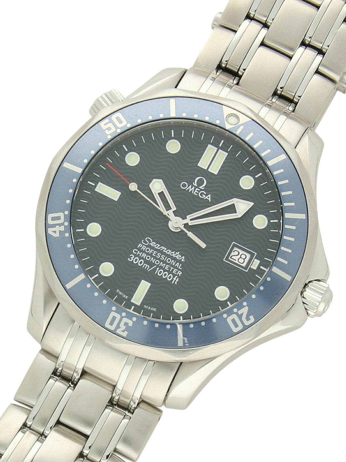 Omega Seamaster Professional watch with steel bracelet and blue dial on a white background.