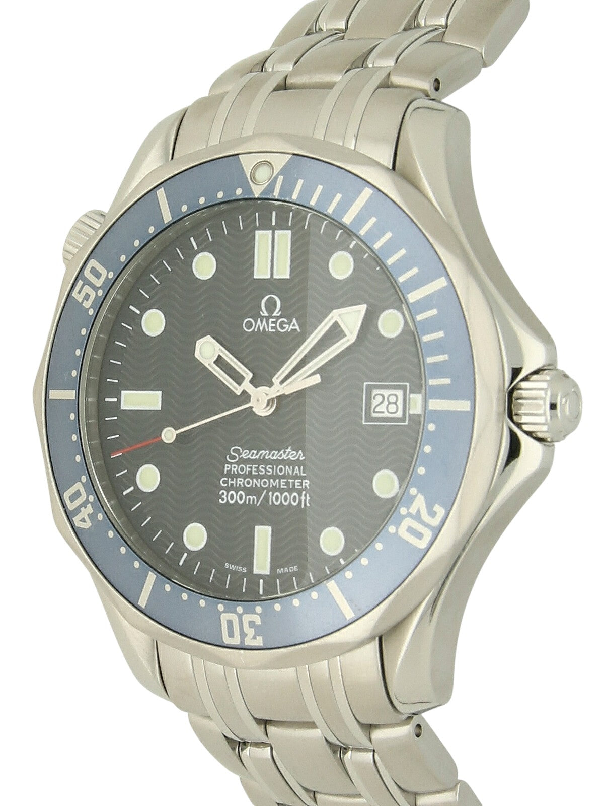 Omega Seamaster Professional watch with steel bracelet and blue dial on a white background.