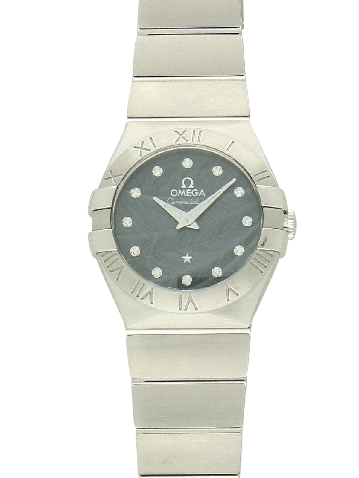 Omega Constellation with steel bracelet and blue  feather, diamond-set dial on a white background.