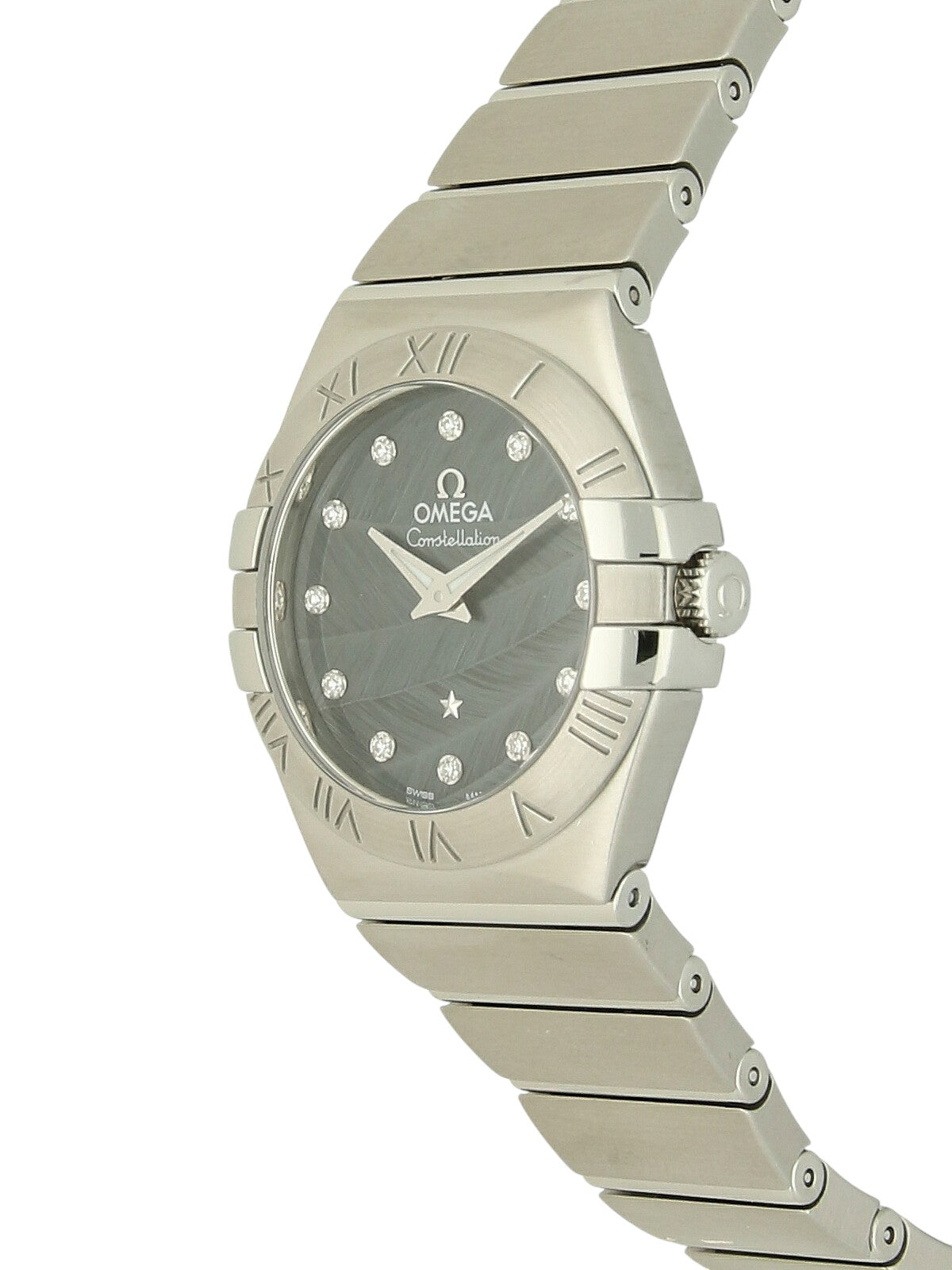 Omega Constellation with steel bracelet and blue  feather, diamond-set dial on a white background.