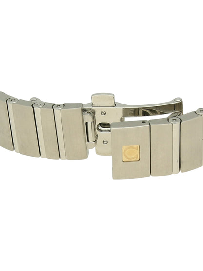 Stainless steel Omega bracelet on a white background.