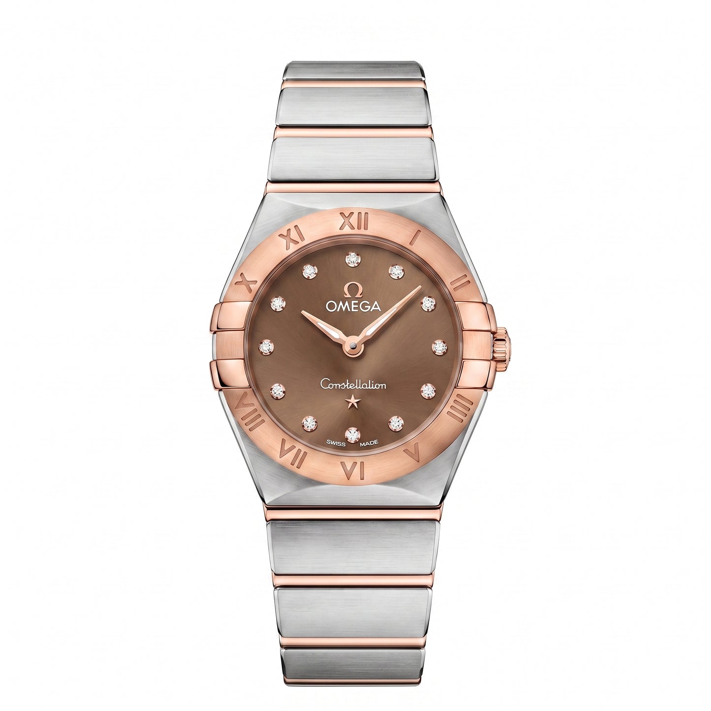 Omega Constellation Manhattan with 25mm case, steel and 18ct rose gold bracelet and chocolate, diamond-set dial on a white background.