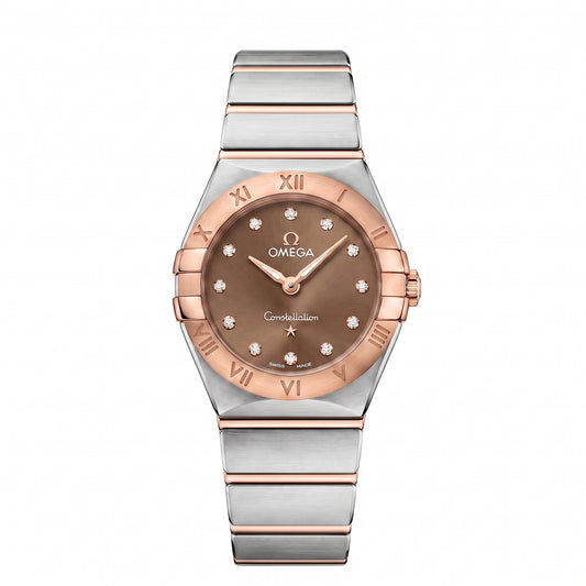 Omega Constellation Manhattan with 25mm case, steel and 18ct rose gold bracelet and chocolate, diamond-set dial on a white background.