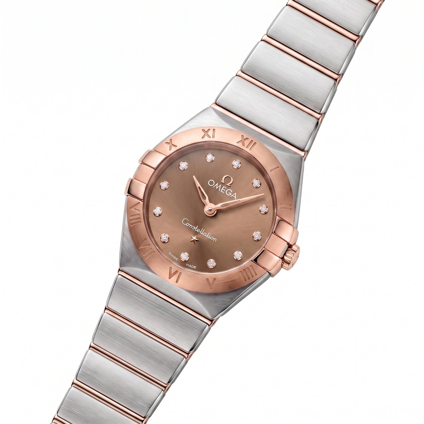 Omega Constellation Manhattan with 25mm case, steel and 18ct rose gold bracelet and chocolate, diamond-set dial on a white background.