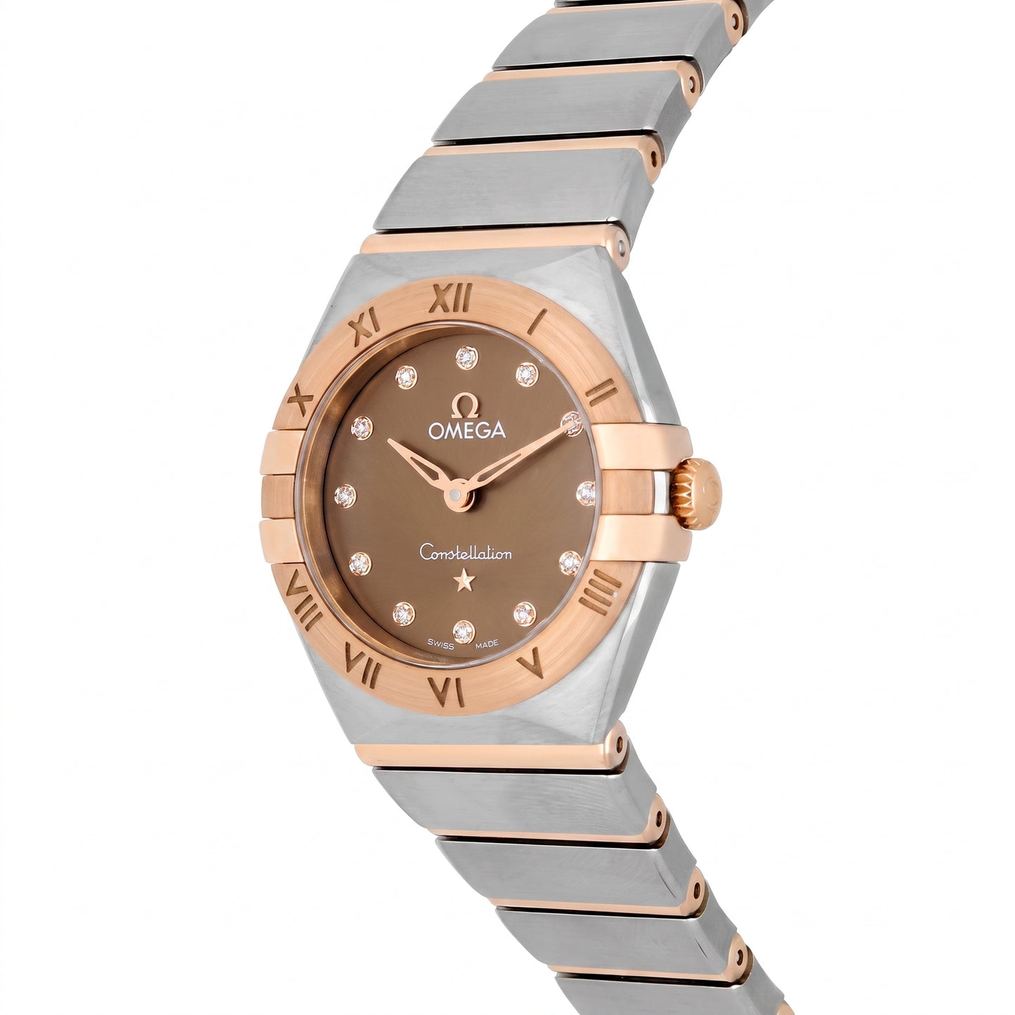 Omega Constellation Manhattan with 25mm case, steel and 18ct rose gold bracelet and chocolate, diamond-set dial on a white background.