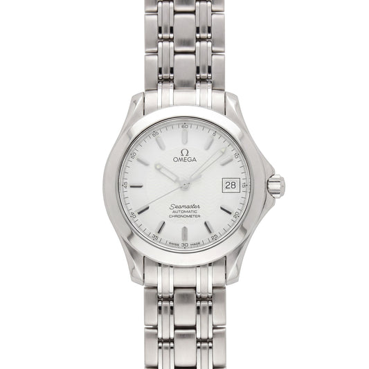 Omega Seamaster with 38mm case, steel bracelet & white dial on a white background.