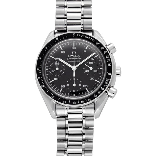 Omega Speedmaster with 39mm case, steel bracelet & black dial on a white background.