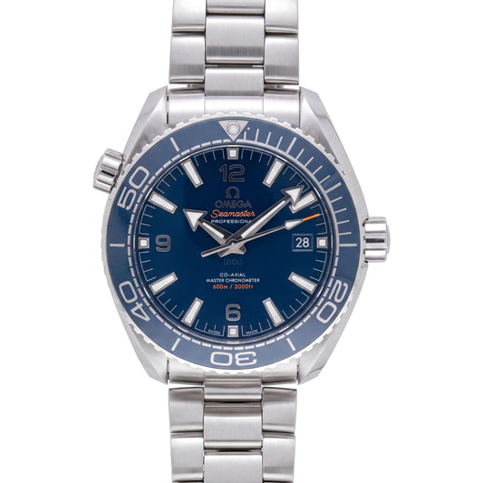 Omega Seamaster Planet Ocean 43.5mm with steel bracelet & blue dial on a white background.