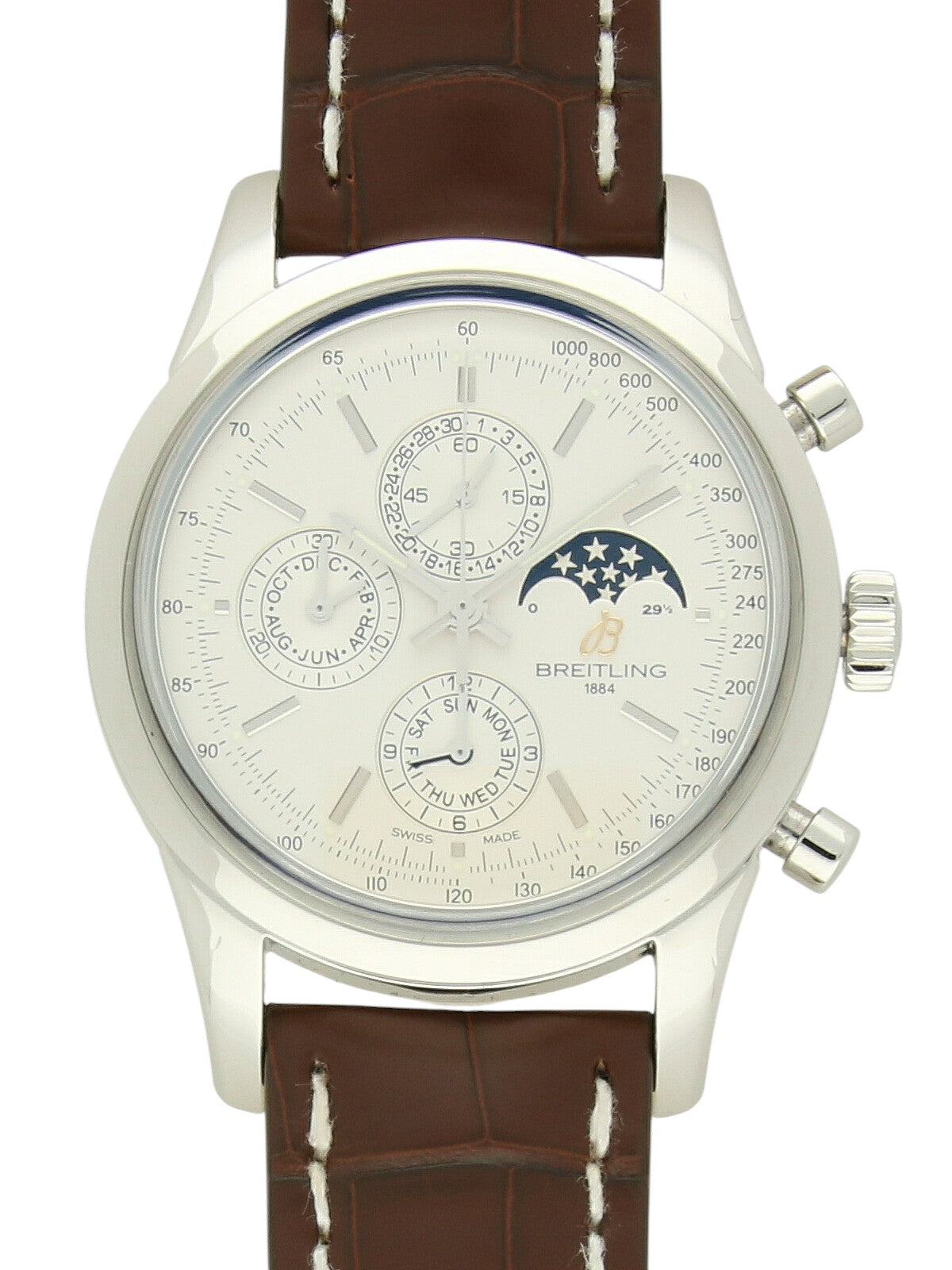 Breitling Transocean Chronograph 1461 watch with a brown leather strap and silver dial, on a white background.