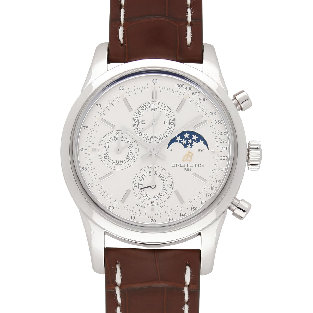 Pre-Owned Breitling Transocean Chronograph 1461 43mm with Brown Leather Strap & Silver Dial