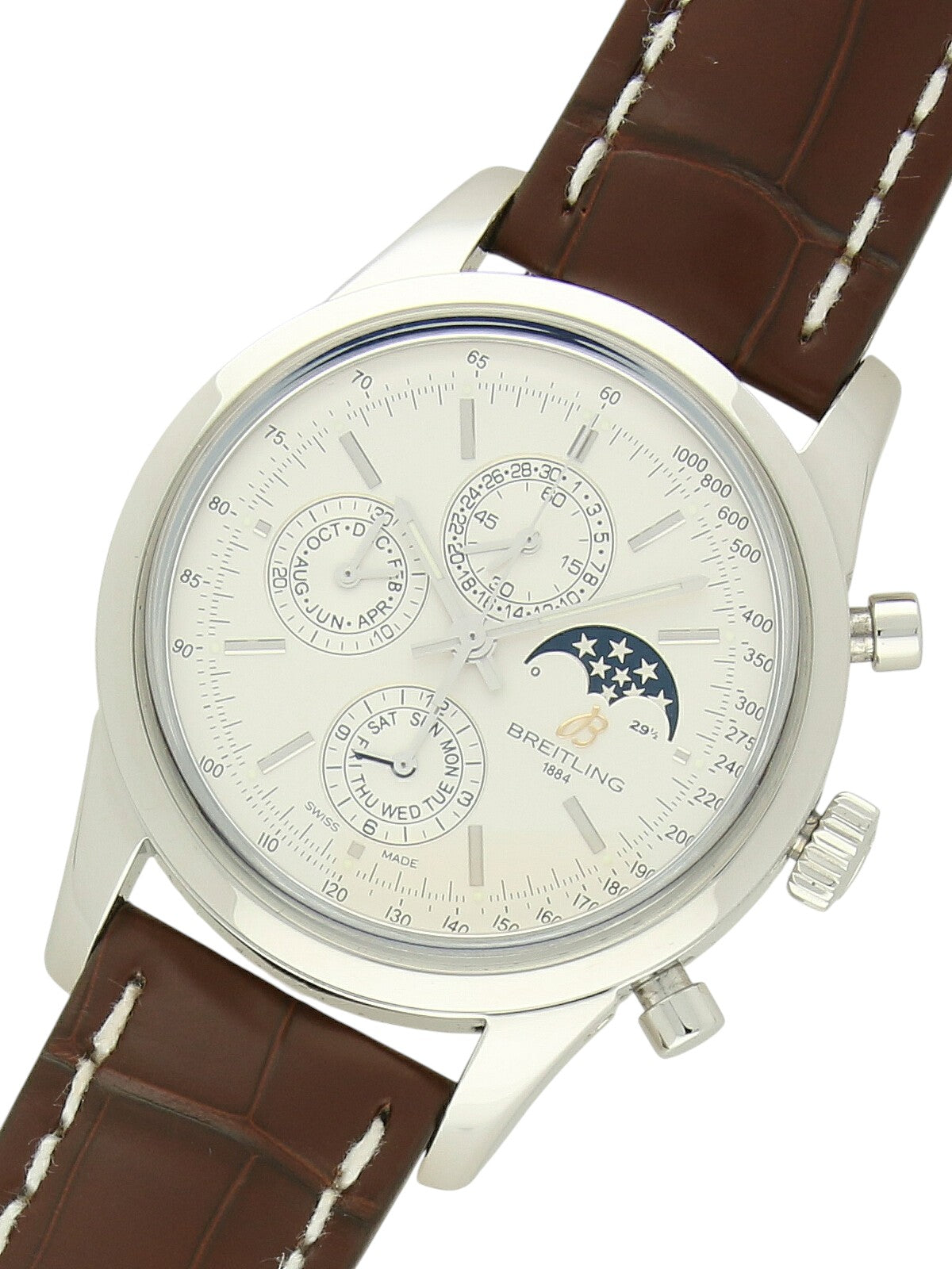 Breitling Transocean Chronograph 1461 watch with a brown leather strap and silver dial, on a white background.