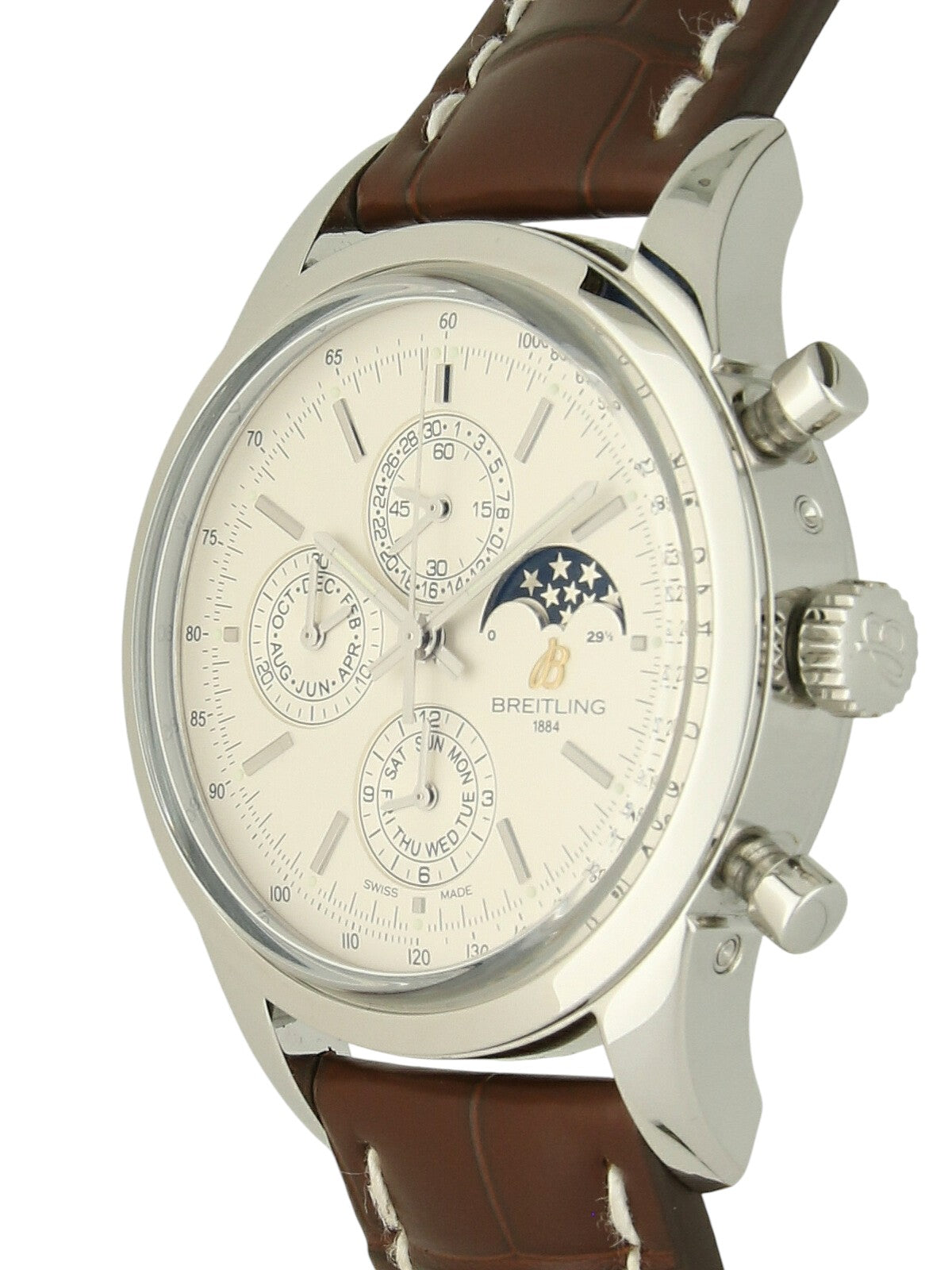 Breitling Transocean Chronograph 1461 watch with a brown leather strap and silver dial, on a white background.