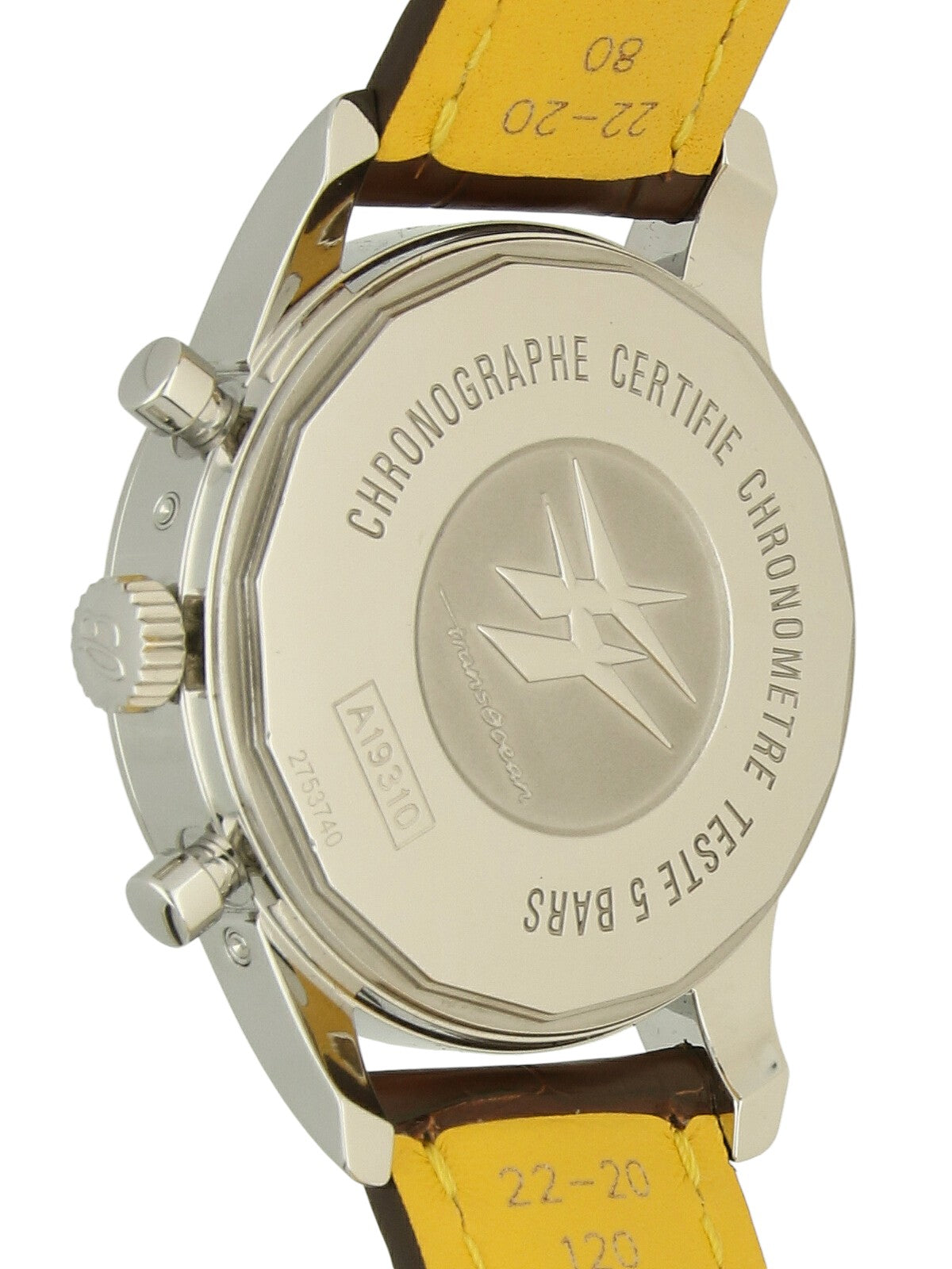 Case back of a Breitling Transocean Chronograph 1461 watch with a brown leather strap, on a white background.