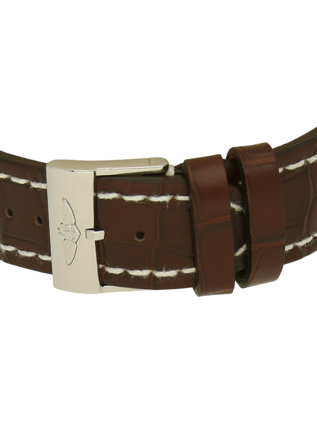 Brown Breitling leather strap with steel pin-buckle clasp on a white background.