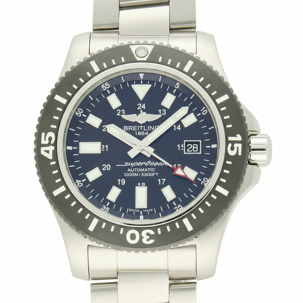 Breitling Superocean with 44mm steel case, steel bracelet and black dial on a white background.
