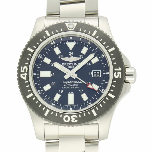 Breitling Superocean with 44mm steel case, steel bracelet and black dial on a white background.