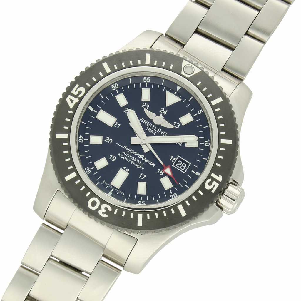 Breitling Superocean with 44mm steel case, steel bracelet and black dial on a white background.