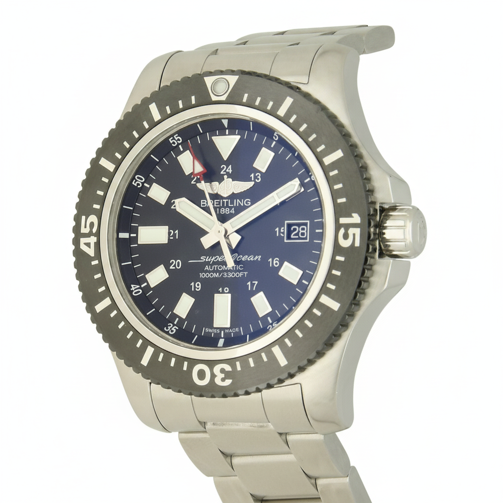 Breitling Superocean with 44mm steel case, steel bracelet and black dial on a white background.