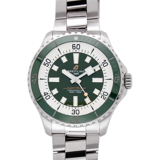 Breitling Superocean with 44mm case, steel bracelet & green dial on a white background.