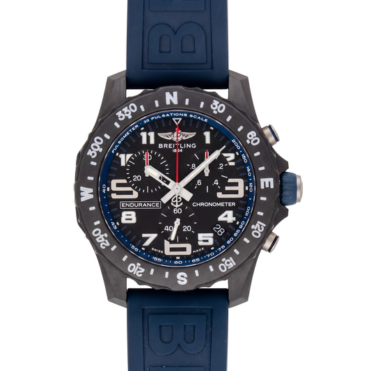 Breitling Endurance Pro with 44mm case, navy blue rubber strap and black dial on a white background.