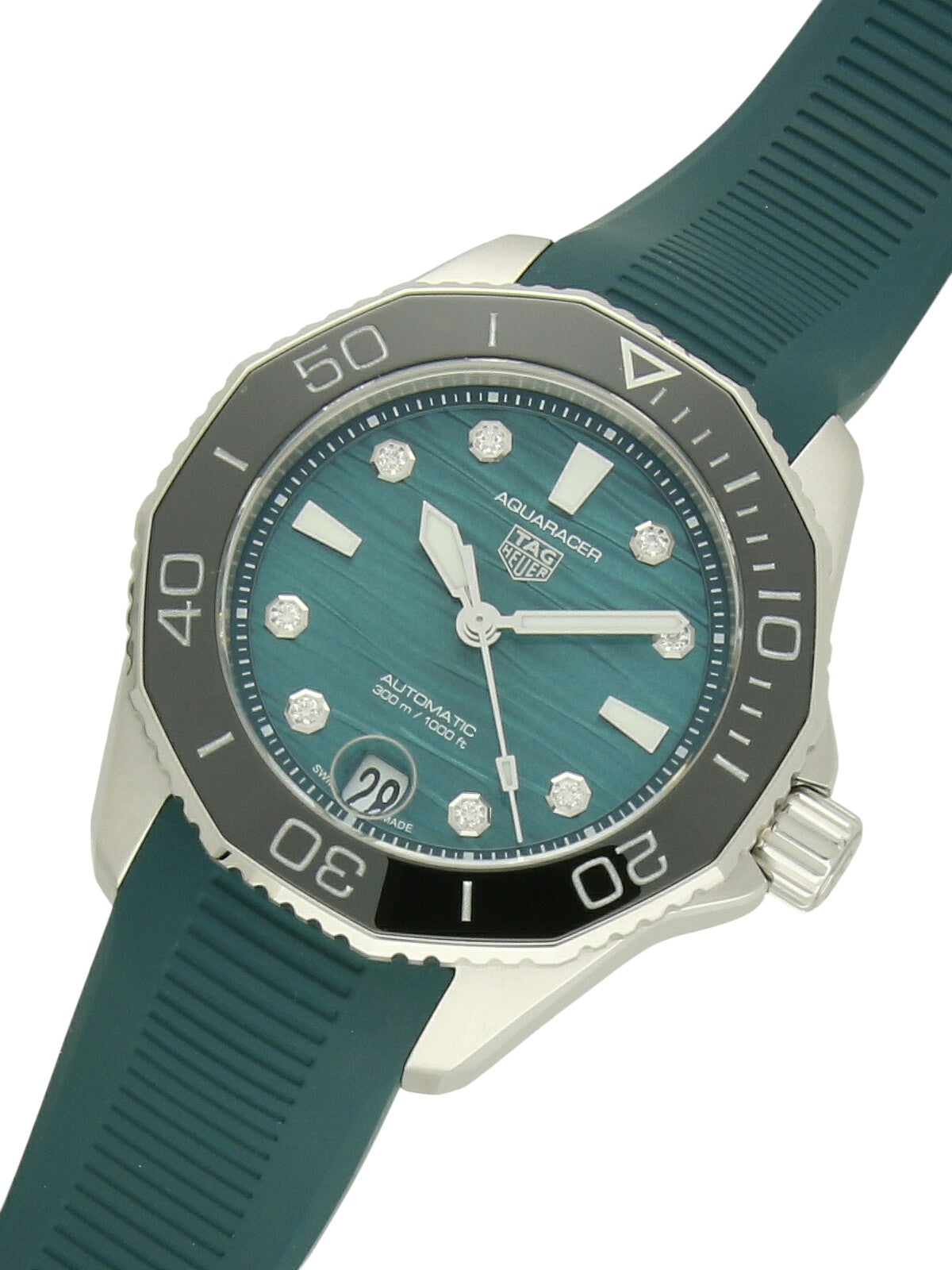 TAG Heuer Aquaracer watch with a green rubber strap and green dial on a white background.