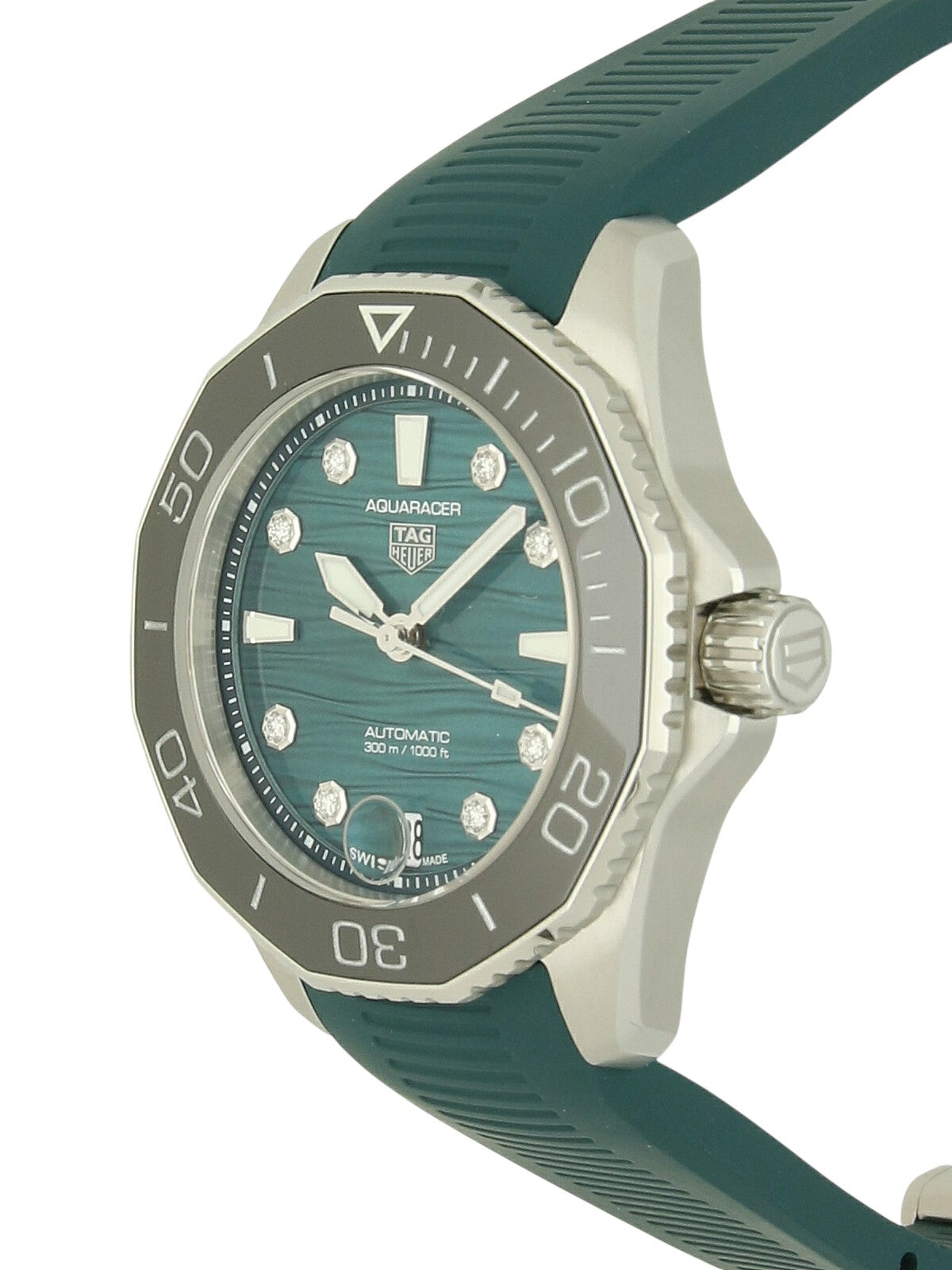 TAG Heuer Aquaracer watch with a green rubber strap and green dial on a white background.